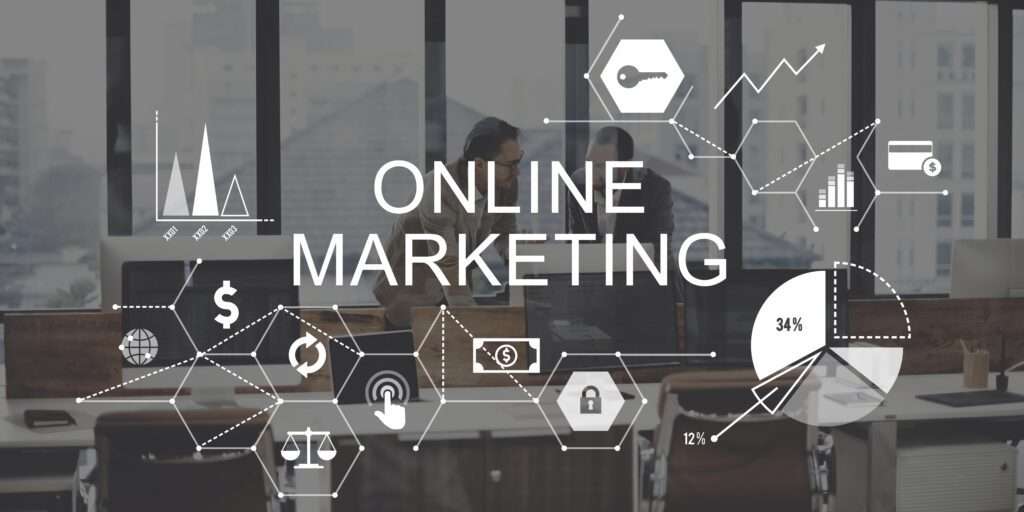 Online marketing text over a dark desk background