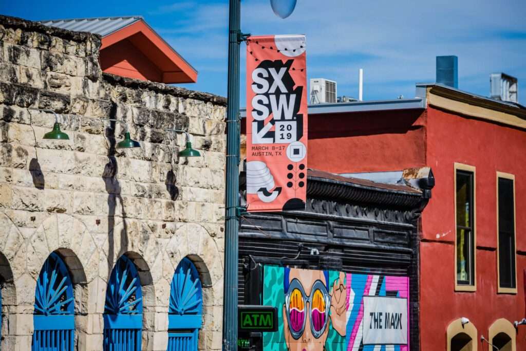 SXSW banner on a building in Austin