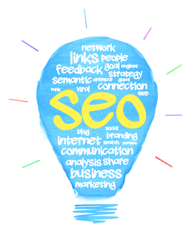 SEO word cloud in a blue lightbulb graphic